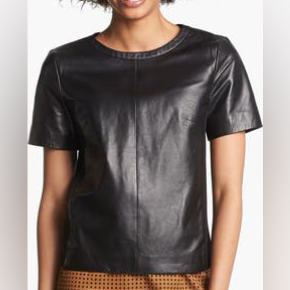 Halogen Leather Front Knit Back Short Sleeve Top